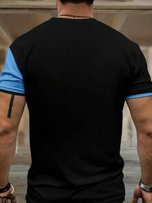 Men's Contrast Color Sports Letter "King" Print Round Neck Short Sleeve Pants Set Summer - Blue - View 3