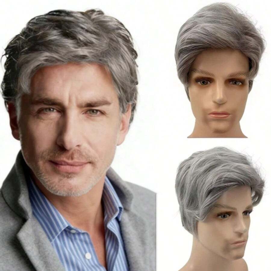 男士灰色短假发，合成材质，适合万圣节、日常佩戴、父亲节、圣诞节等节日，可作礼物。 - 灰色 - 查看 1