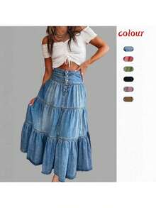 Nueva Llegada 2025 - Falda Midi de Mezclilla con Volantes en Capas Estilo Bohemio - Negro - Ver 2