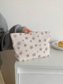 Beige Cute Floral Velvet Cosmetic Bag, Handbag, Makeup Pouch, Soft Fabric, Large Capacity, Durable, Portable, Travel Storage Bag With Zipper, Toiletry Bag, Essential Gift For Women, Dorm Supplies - Multicolor - View 2