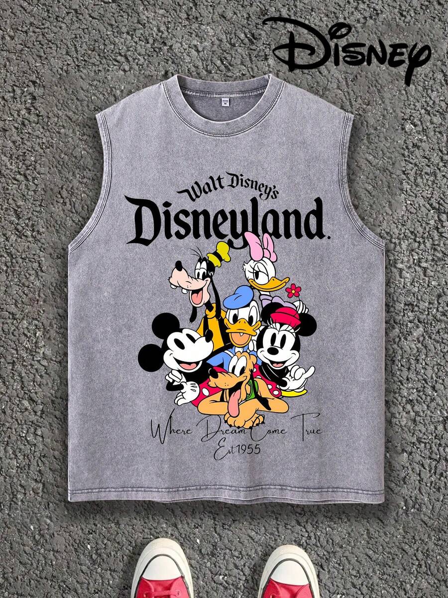 Walt Disney's Disneyland Mickey Mouse & Friends Graphic Sleeveless T-Shirt, Vintage Washed Muscle Tank Top, Disney Squad Fans Gift Casual Top For Men/Women - Xám - Xem 1