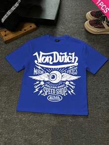 Boys & Teens' Casual Graphic Print Round Neck Short Sleeve T-Shirt, Summer Top - 藍色 - 查看 2