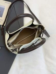 1pc Women's Solid Color Bucket Bag, Fashionable Retro PU Twist Lock Handbag With Cherry Pendant, Suitable For Commuting, Shopping, And Gift - Beige - View 5