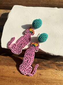 Statement Earrings - Handmade Seed Beaded Stud With Pink & Yellow Acrylic Leopard Cat Cheetah Animal Earrings, Tropical Rainforest Style Dangle Earrings - Perfect Valentine's Day, Couple, Or Friends Gift For Women And Girls, Suitable For Summer Vacation, Beach Party, Or Music Festivals Valentines - 粉色 - 查看 7