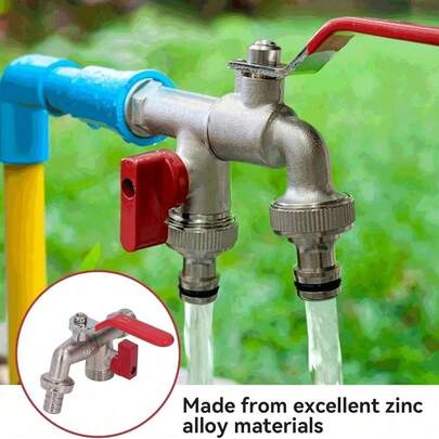 1pc Country Style Dual Outlet Garden Hose Faucet, 304 Stainless Steel, Single Hole Installation, Universal Threads, Metal Outdoor Spigot, Comes With Multiple Accessories, Compatible With Sprayers And Hose Guns