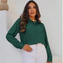 Women's Striped Long-Sleeved Button-Down Shirt, Lightweight Viscose Linen Fabric, Comfortable For Formal Wear. - Dark Green - View 2