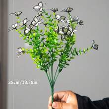 Kmitang 35cm 7 Gabeln künstliche Eukalyptuspflanzen mit Schmetterlingsblüten, Fake Eukalyptuszweige Blätter tropische falsche Gräser Kunststoff Grünpflanze für Heim Garten Party Hochzeit Rasen Dekoration ohne Topf 1 Stück - Verschiedenfarbig - Übersicht 16