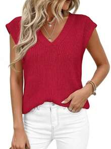 Women's Knit Sweaters Vest Lightweight Spring Cap Sleeve V Neck Tank Tops Summer Going Out Outfits - 紅色 - 查看 5