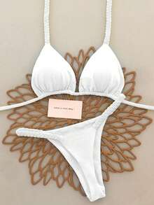 2026春夏新款女士清新柠檬白钩针比基尼泳衣，性感沙滩度假两件套泳装 - 白色 - 查看 1