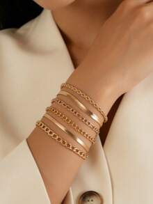 Set de 6 piezas de pulseras de cadena dorada en capas para mujeres, paquete de pulseras apilables con eslabón cubano y trenzado de espiga, joyería de moda minimalista para uso diario y de fiesta - Set 6 piezas cadena simple dorada - Ver 1