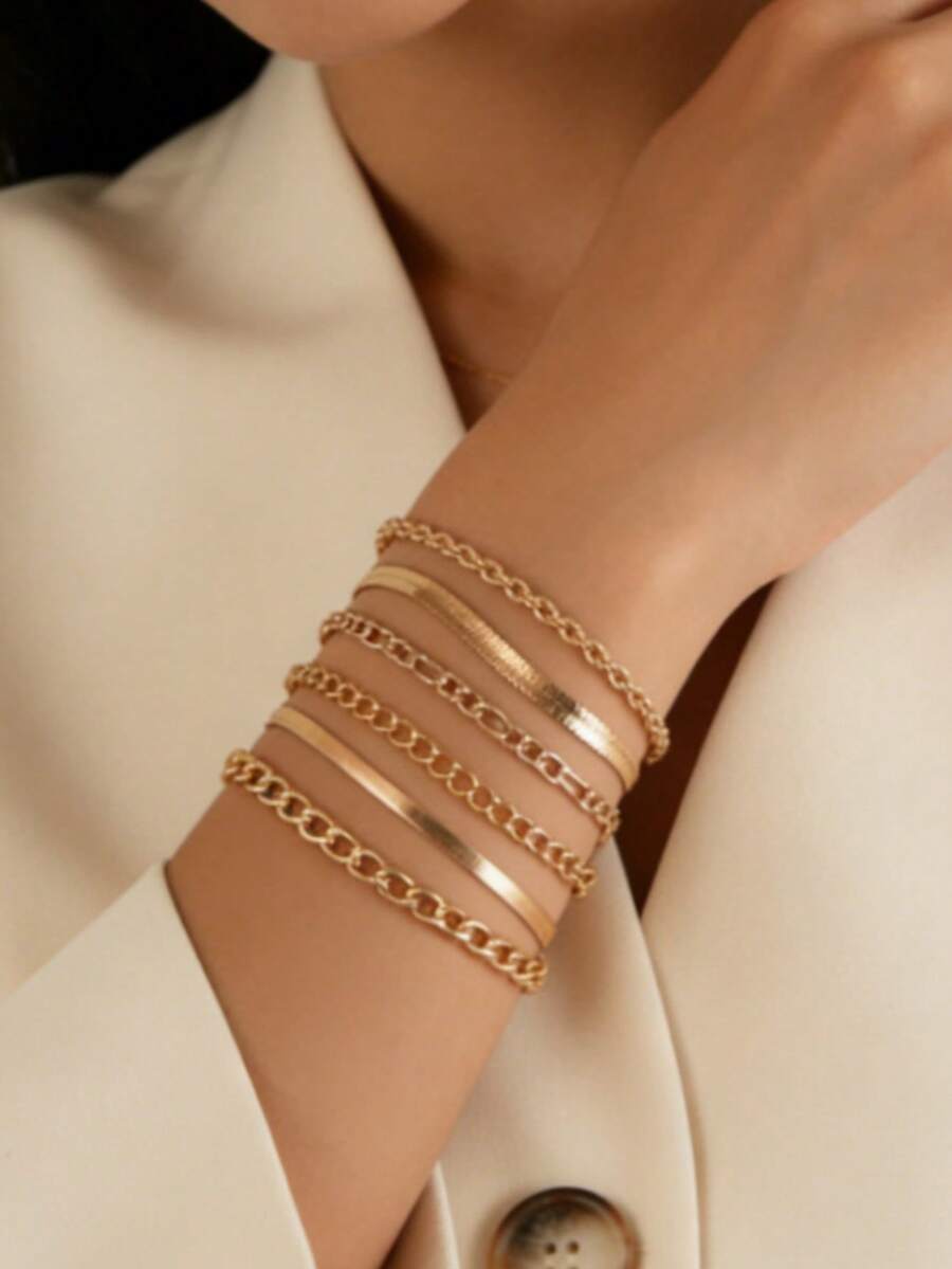 Set de 6 piezas de pulseras de cadena dorada en capas para mujeres, paquete de pulseras apilables con eslabón cubano y trenzado de espiga, joyería de moda minimalista para uso diario y de fiesta - Set 6 piezas cadena simple dorada - Ver 1