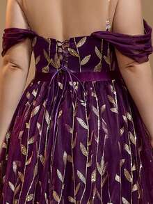 Vestidos largos de noche elegantes para mujer talla grande con estampado floral en todo el diseño, cintura de malla romántica, aplicaciones, hombros descubiertos, lentejuelas, para eventos formales, fiestas, bodas, primavera - Morado - Ver 10