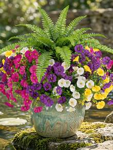 6pcs High-End Artificial Persian Fern Plants With Colorful Floral Design, UV-Resistant Lifelike Greenery, Suitable For Home Decor, Porch, Windowsill, Planter, Indoor Garden, Yard Decoration - Multicolor - View 5