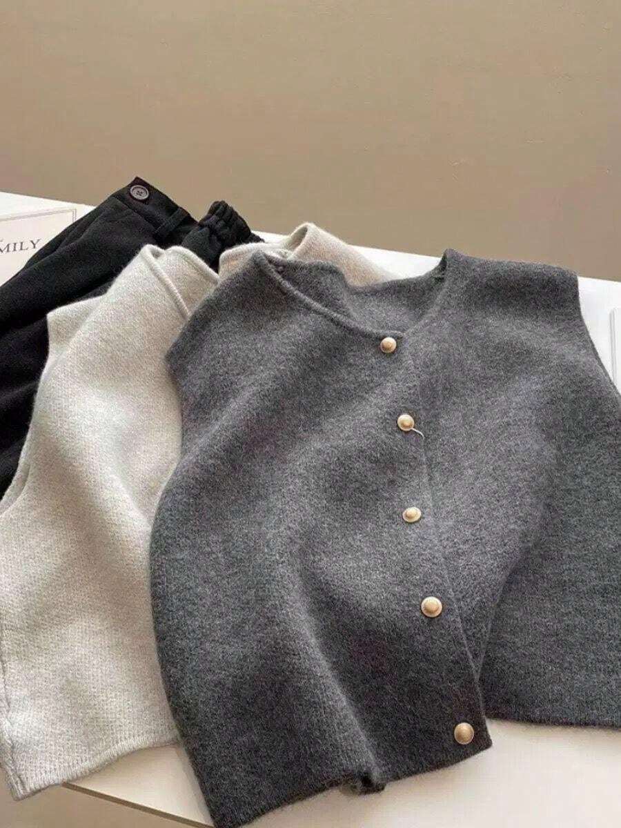 Chic Luxe Sleeveless Loose Cropped Knit Vest With Golden Buttons, Deep Gray Casual Layering Vest, Spring/Autumn Versatile Slim Fit Knit Cardigan Top - Dark Grey - View 1
