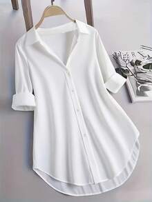 优雅时尚的纯色中长款翻领长袖女式衬衫，四季皆宜，可机洗，前短后长设计，适合日常办公穿着，白色，春季款 - 白色 - 查看 9