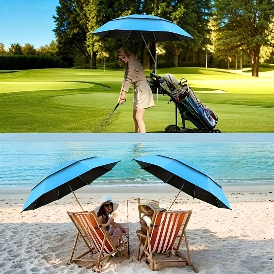 1pc Foldable Double Layer Outdoor Beach Umbrella, 46.8 Inch, With 360 Degree Rotating Adjustable Universal Clamp, Reinforced Iron Frame, UV Protection, Suitable For Camping, Fishing, Yard, Pool, Leisure, Summer Gift