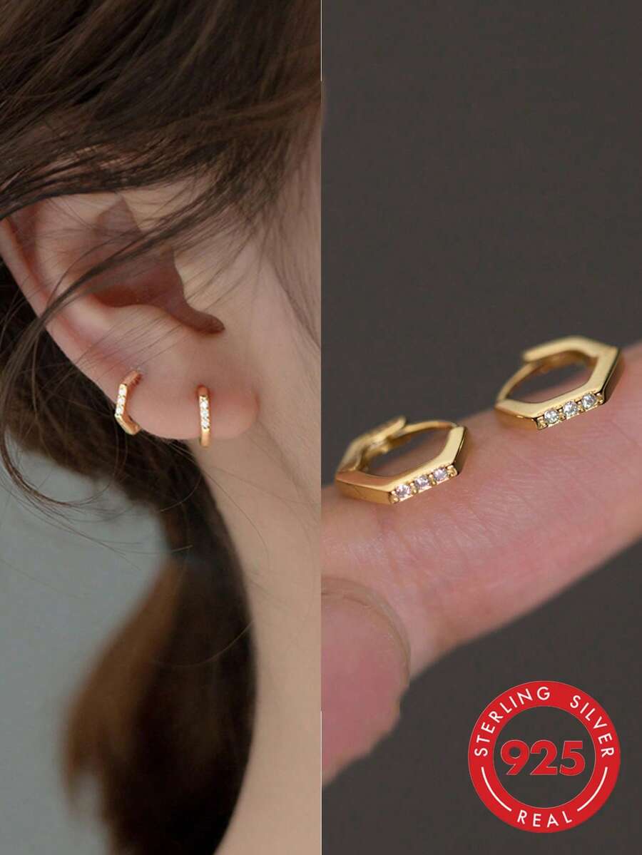 BALMORA 1 Pair Delicate S925 Sterling Silver Hexagon Mini Hoop Earrings, Inlaid With Micro-Inlaid Zirconia, Cartilage Earrings, Suitable For Girls/Women/Girlfriends/Mothers, Retro Party Date Gift, Daily Wear, Birthday Gift - Gold - View 1