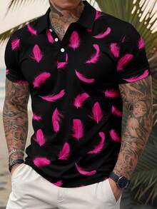 Camisa polo de manga corta con estampado de plumas para hombre, camisa polo de manga corta casual de vacaciones para hombre - Multicolor - Ver 3