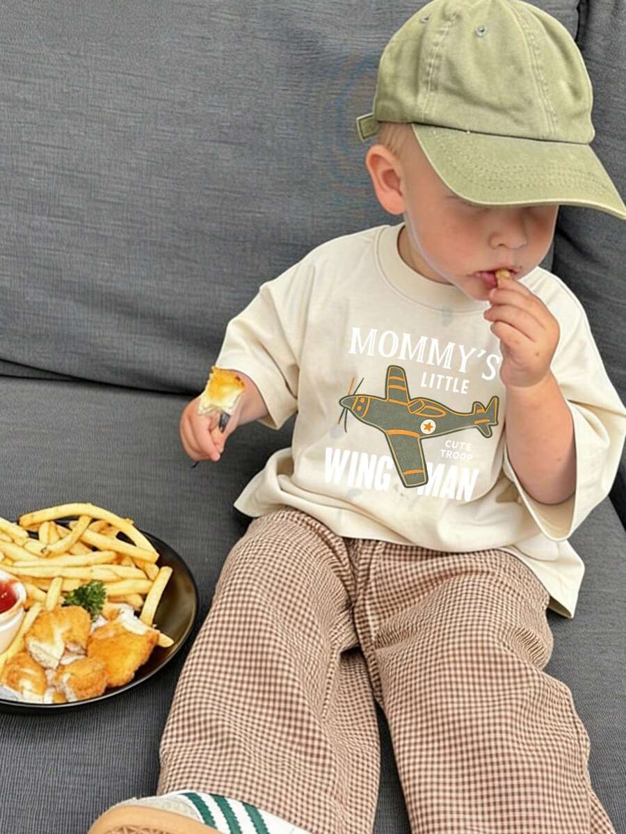 1pc Infant/Toddler Boys' Creative Cartoon Graphic Letter Slogan Print Basic Round Neck Short Sleeve T-Shirt, Casual Fashion - Apricot - View 1