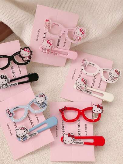 SANRIO 10个/8个/4个/2个三丽鸥女士发夹，图案包括眼镜、蝴蝶结和Hello Kitty卡通造型，红白配色。另含发箍、发圈、发绳、发饰等发饰，适合学生、公主、派对、游戏主题、节日以及女性日常佩戴。（部分配件随机赠送）