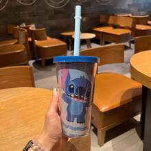 Disney One Stitch 卡通吸管杯，450ml，塑料，双层防烫，带盖，适合情侣、办公室通勤和冷饮。 - 彩色 - 查看 8
