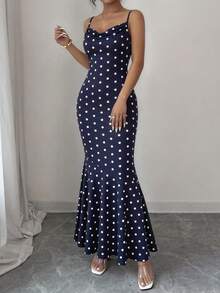 Women's Summer Dress, Polka Dot Spaghetti Strap Cowl Neck Bodycon Wedding Cocktail Mermaid Maxi Dress - 深藍底白點 - 查看 4