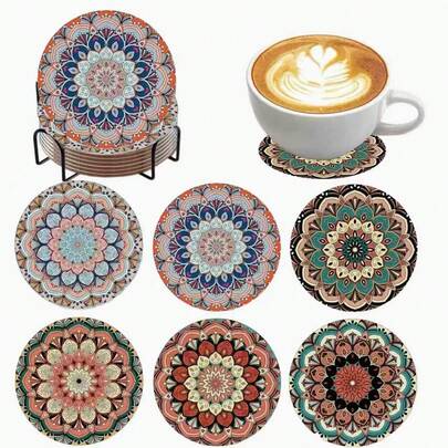 6pcs/Set Drink Coasters With Holder, Wooden Coasters, Ideal Housewarming, Room Decor, Bar, Holiday Party Gift, 70 Sets/420pcs