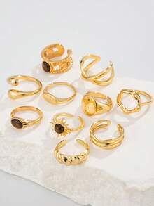 Set de 10 anillos ajustables de estilo retro irregular - Anillos de metal personalizados para dedos de mujer - Multicolor - Ver 4