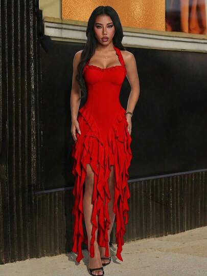 Jellyfish Ruffle Halter Sexy Dress, Graduation Gown Party Summer Elegant Red