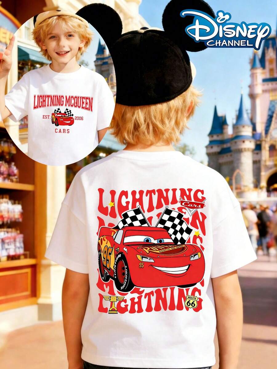 Disney Lightning McQueen, Cars 95 Cartoon T-Shirt, Paired With Black And White Checkered Flag, Full Of Dynamism And Vitality Print Pattern Summer Tops,Short-Sleeved Casual And Cute Style  Children's Clothing Design, Girl Clothes For Kids Clothes ,Ropa Para Niños,Teen Girls Clothes, Summer Clothes,Boys Summer Outfits,Boys Clothes,Perfect For Cool Girls. Comfortable And Breathable Children's Short-Sleeved T-Shirt. Comfortable And Casual Wear All Year Children's Clothes,Comfortable & Lightweight, Iconic Print For Mix-And-Match Outfits,Suitable For Both Boys And Girls. - 白色 - 查看 1