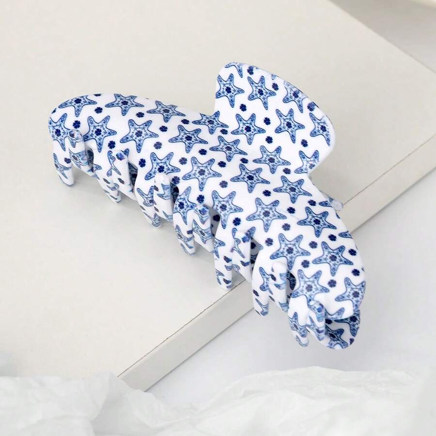 1pc Large Blue & White Starfish Hair Claw Clip, Ocean Style Hair Claw Summer Outfits Hair Clips Beach Accessories - Blue - View 1
