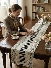 1pc Music Note Table Runner - Piano Keyboard Print Tablecloth With Staff, Notes And Treble Clef Pattern, Perfect For Music Themed Restaurant, Home, Music Studio, Piano Recital, Music Birthday Party And Band Gift - Multicolor - View 4