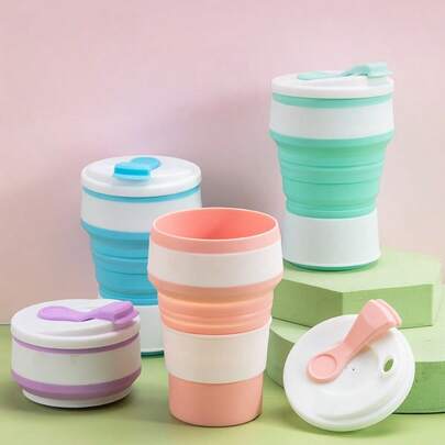 2pcs Reusable Folding Cups With Lids, 11.83 Oz Portable Collapsible Coffee Cups Suitable For Camping And Travel