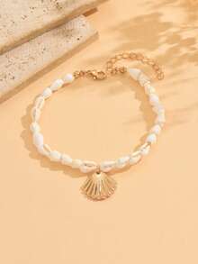 1pc Bohemian Beach Holiday Style Shell Beaded Anklet, Fashionable Metallic Shell Pendant Foot Jewelry Suitable For Women's Daily And Vacation Wear. The Shape, Size And Surface Pattern Of The Shell Are Random And Not Fixed. - Multicolor - View 2