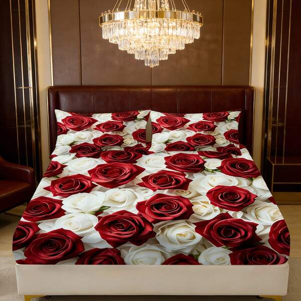 3pcs Red & Gold Rose Heart Bedding Set (1 Bedsheet, 2 Pillowcases, Pillow Inner Not Included), Skin-Friendly Fabric + 3D Printing, A Set To Decorate The Bedroom And Create A Romantic Atmosphere, Bedroom Decor, Romantic Bedroom