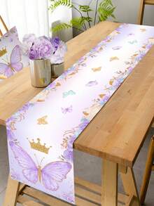 1pc Purple Butterfly Themed Polyester Table Runner, 180*35cm Table Runner,Table Covers,Butterfly Crown Flower Table Runner, Suitable For Butterfly Birthday Party Supplies,Baby Shower Decoration,Wedding Family Holiday Party Room Table Decoration Supplies Table Runner, Disposable Table Covers Back To School Valentine Day - Purple - View 1