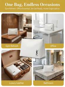 1 Túi nhỏ bằng da giả màu trắng, khóa kéo, cỡ trung bình - Phong cách tối giản sang trọng, in logo  Beaute, hình thang, túi đựng mỹ phẩm đa năng cho du lịch và sử dụng hàng ngày. - trắng - Xem 6