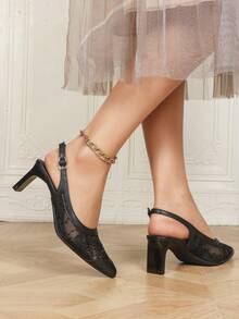 Women's Black Lace Slingback Block Heels, Pointed Toe Mesh Sequin Pumps For Evening Party & Office - Black - View 3