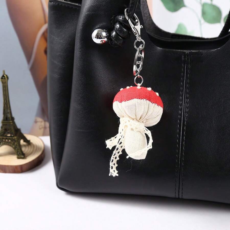 Móc khóa hình nấm bằng vải mới, phụ kiện thời trang chấm bi sáng tạo, tự làm dễ thương, mặt dây chuyền hình nấm 3D, móc chìa khóa. - Nhiều màu - Xem 1