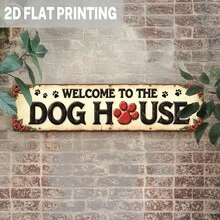 2D Flat 1pc Vintage "Welcome To The Dog House" Metal Sign - Retro Pet Paw Print & Rose Wall Decor, Suitable For Farmhouse, Porch - Dog Lover Gift, 3.93x15.74 Inches, Rustic Decor, Entryway Accent, Durable Outdoor Decoration, 2D Flat - A - View 3