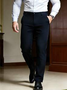 Men's Solid Color Straight-Leg Pants, Suitable For Work, Casual And Various Occasions, Gift For Boyfriend - Navy Blue - View 2