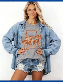 Auburn Shirt, Town Of Auburn Shirt, Saturdays In Auburn Shirt220G Heavyweight% Cotton-Shirt. With Print Pattern, Suitable Girls And Wo's Short Sved Round Neck Inspirational Shirt, Cute Aesthetic Y2K Style Summer Top, Suitable Outdoor, Family, Work Or Street Wear Casual Loose Daily-Shirt - Xám - Xem 5