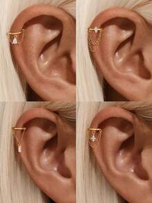 1pc S925 Sterling Silver Ear Cuff Earring, Hypoallergenic Ear Piercing Jewelry, Double Chain Design - Gold - View 12