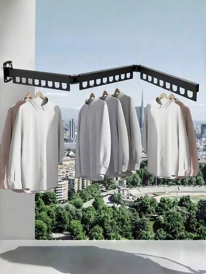 Tendedero de pared plegable de 3 niveles, diseño plegable de metal negro resistente y duradero, sin necesidad de perforar, fácil instalación, diseño de múltiples ganchos plegables, adecuado para balcón y lavandería, espacios pequeños para secar ropa, aplicable para el hogar, balcón y lavandería.
