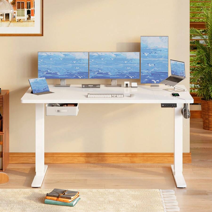 Devoko Electric Height-Adjustable Desk, 140/160/180 X 80 Cm, With Drawer, USB-A Charging Port, Computer Desk With Cable Management, Standing Desk With 3-Stage Memory Function, White/Black/Beige/Rust Brown - 查看 1
