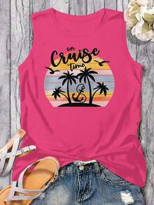 Plus Size Women's Sleeveless Round Neck Vest With Coconut Tree & Anchor Print, Breathable Casual Tank Top, Multiple Colors Available - 玫瑰紅 - 查看 2