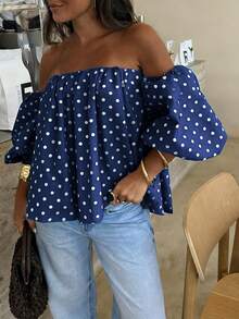 Women's Polka Dot Contrast Color Pleated Off-Shoulder Top, Suitable For Beach And Daily Wear, Spring/Summer - Royal Blue - View 4