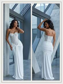 Women's Corset Strapless Evening Gown With Ruffle Tie And Lace Panel, Party Dresses For Holiday Party And Formal Occasions - trắng - Xem 2