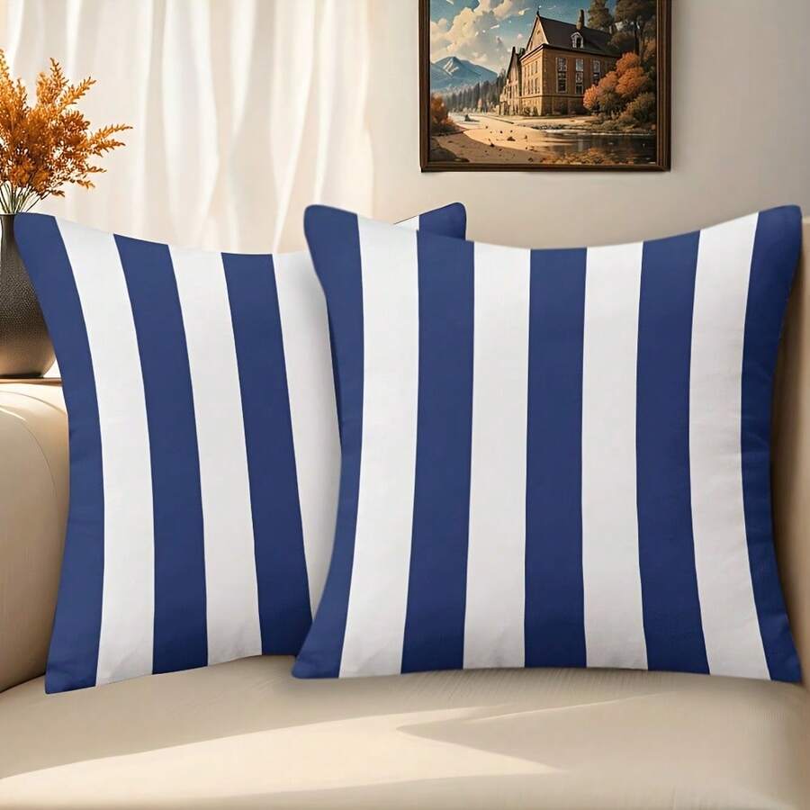 1 Juego de Funda de Almohada Decorativa con Patrón Geométrico a Rayas Azul y Blanco, Disponible en Múltiples Tamaños, Diseño con Cremallera, Adecuado para Todas las Estaciones, Cómodo y Transpirable, Lavable a Máquina, Excelente para Sofá, Silla y Decoración de Sala de Estar - azul real - Ver 1