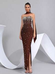 Beaded Decor Slit Bandeau Bridesmaid Dress, Holiday Party Bandage Dress - Coffee Brown - View 5